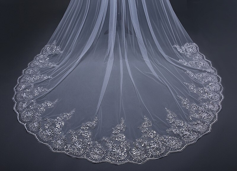Voile de mariée pas cher longue Applique Sequin perlé dentelle bord voile blanc/ivoire voile de mariage avec peigne cathédrale 1 couche 3 mètres de largeur