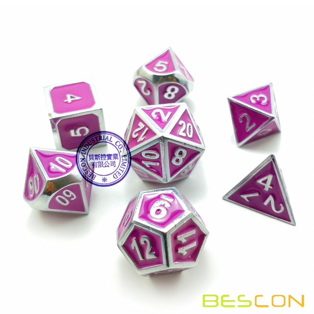 Bescon Deluxe Creatieve Glanzend Zilver en Paars Emaille Effen Metalen Polyhedral Rollenspel RPG Game Dice Set van 7