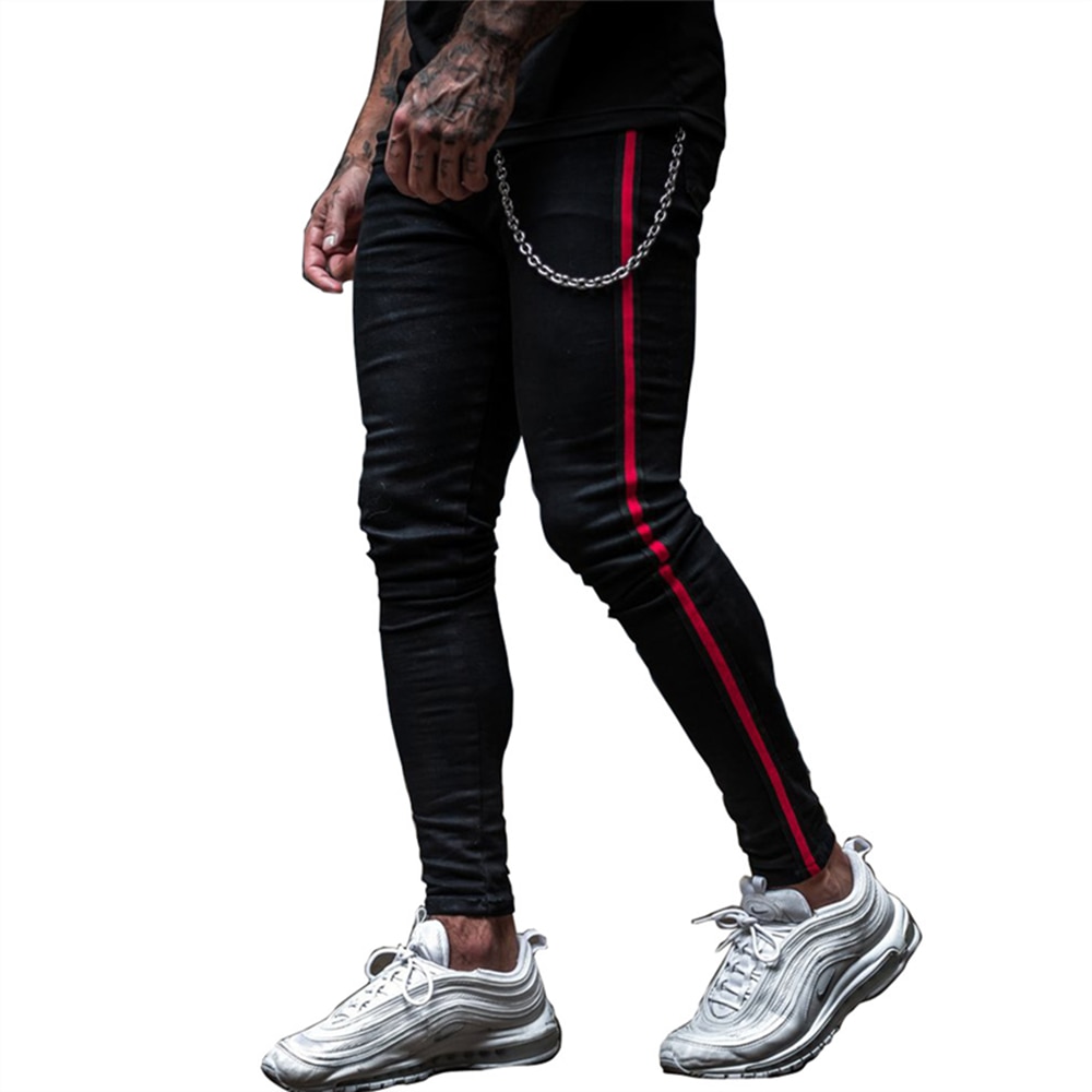 Herren Seite Streifen Dünne Fit Schwarz Denim Jeans Hip Hop Streetwear Einfarbig Plus Größe Slim Fit Leichte Baumwolle Jeans für Männer