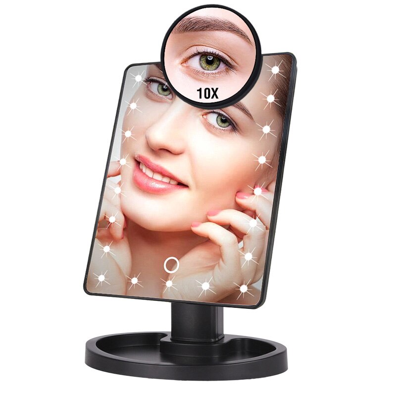 Illuminated Mirror Adjustable 10X Magnifier Makeup Mirror 16/22 LED Lights Touch Screen USB Or Batteries Use Tabletop Bright: 22 Led Black