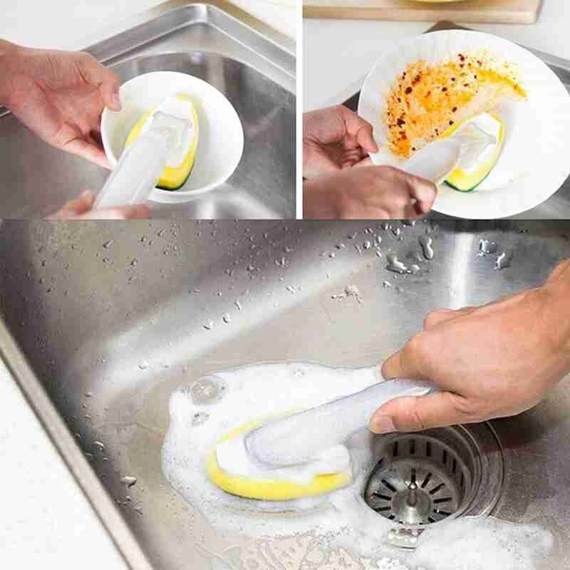 1PC Dishwashing Sponge With Handle Automatic Liquid Filling Kitchen Magic Clean Rub Pot Sponge Removing Kit Cleaning Brush