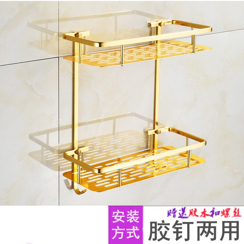 Estantes colgantes para baño, organizador de 2 capas, estante de esquina, soporte para champú sin perforaciones, estante de almacenamiento, cesta de inodoro: B-Gold 2 layers