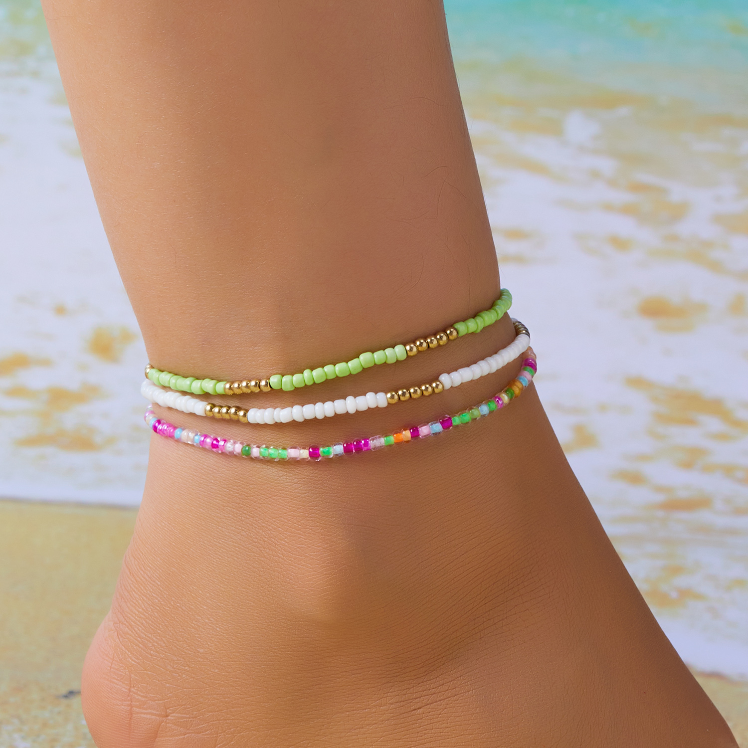 Tobillera bohemia multicapa con cuentas de arroz para mujer, tobilleras con colgante de estrella de mar a la , cadena de tobillo de playa de arena para verano, joyería en la pierna: Estampado en caliente