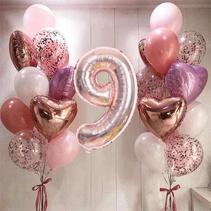 21pcs 32 inch Number Foil Balloons Latex Confetti Helium Balloons Wedding Birthday Party Decoration Supplies Baby Shower Globos: rose gold 9