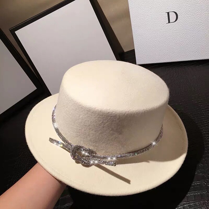 202012-shi autumn winter wool shiny drill rope lady fedoras cap women leisure panama jazz hat