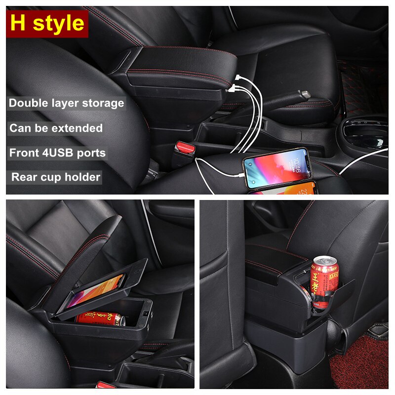 Car Armrest box For Hyundai I10 Rotatable Center Centre Console Storage Box with USB interface decoration accessories: H Black Red 4 USB