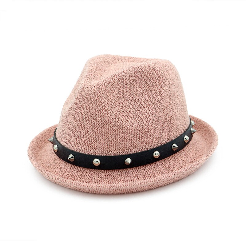 Buttermere fedora hoed dames klinknagel effen beige trilby hoed jazz hoed casual lus garen zomer herfst vrouwelijke punk rock pet: Roze