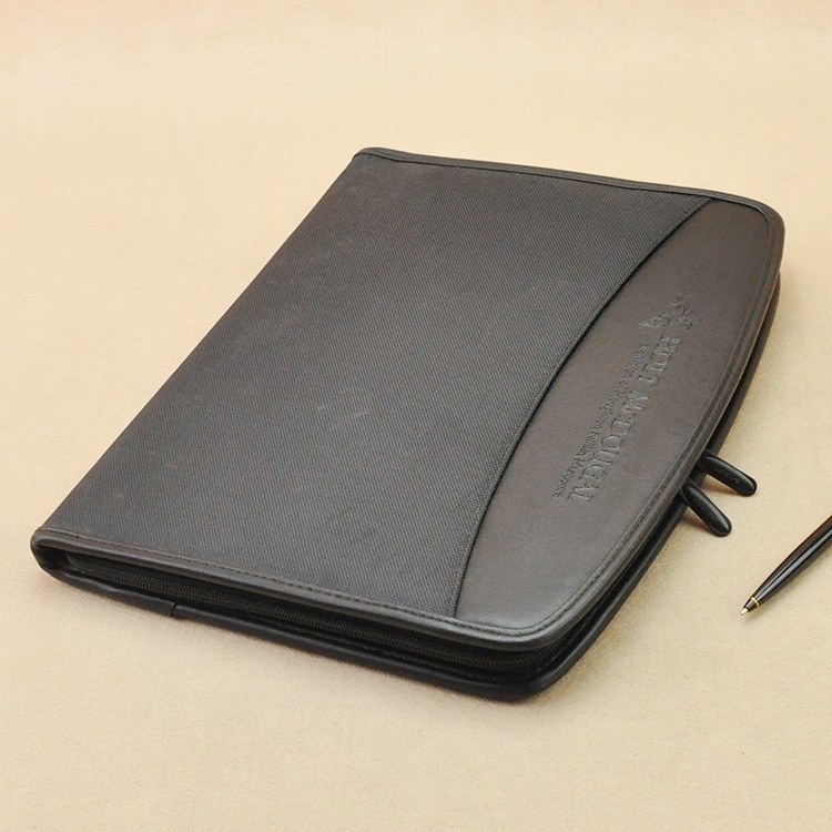 canvas cloth &amp; faux leather A4 manager zipper bag padfolio briefcase zipped folder for documents with notebook black 1261A