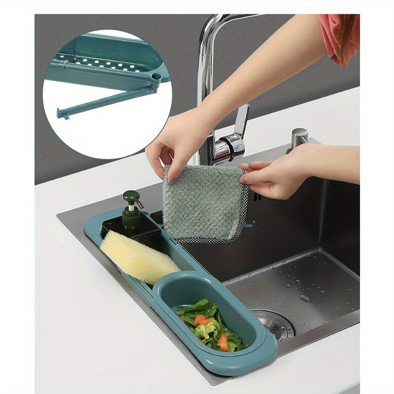 Verstelbare lengte aanrecht afvoermand afdruiprek voor zeep handdoekenrek levering keukenaccessoires plank opbergrek: Blauw