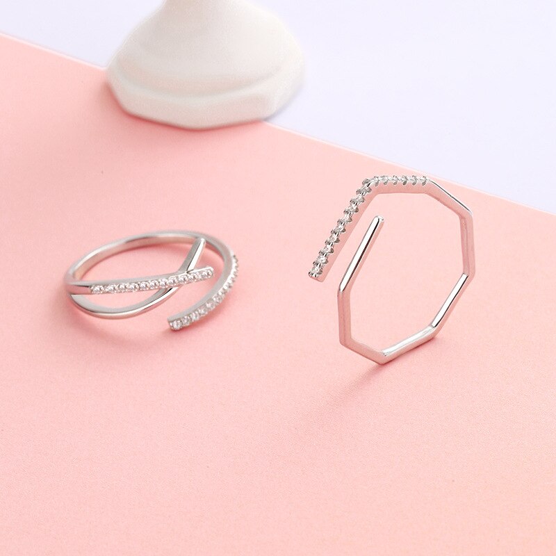 Minimalist Line Style Adjuestable Size 925 Silver Rings Set Charm Couple Engagement Wedding Bands Luxury Jewelry