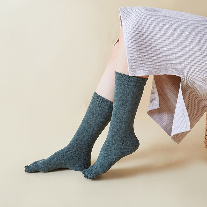 Damen-zehensocken, winter-frühlingssocken aus baumwolle, lässige japanische stil-sportsocken, wadenlang, einfarbige zehensocken