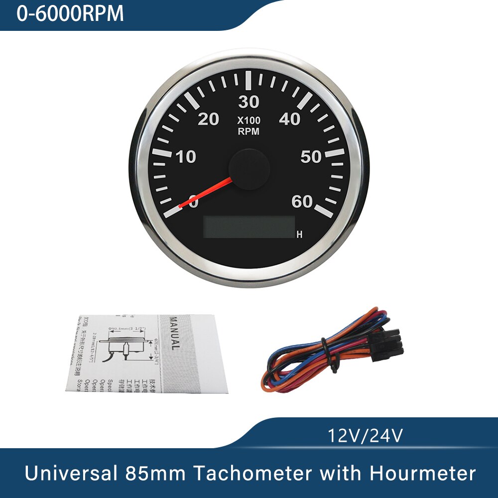 Waterproof 85mm Generator Tachometer RPM REV Counter 0-3000RPM with LED Hourmeter 12V/24V with Red Backlight: 6KBS