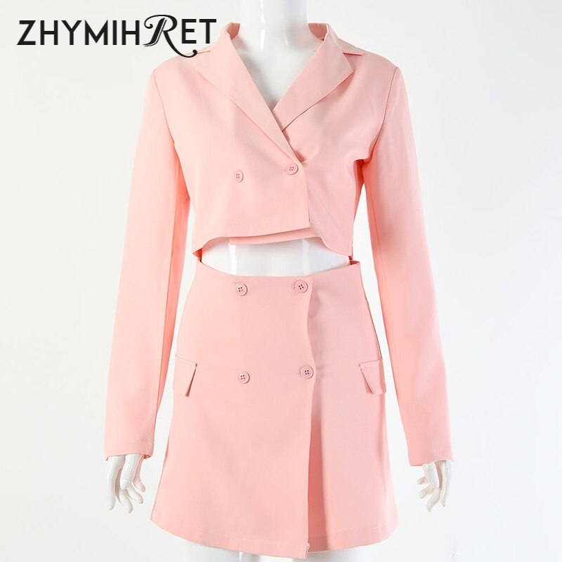 Blazer Rosa para mujer, conjunto de dos piezas de falda de manga larga con botones y cuello vuelto, conjunto a juego de cintura alta de falda,