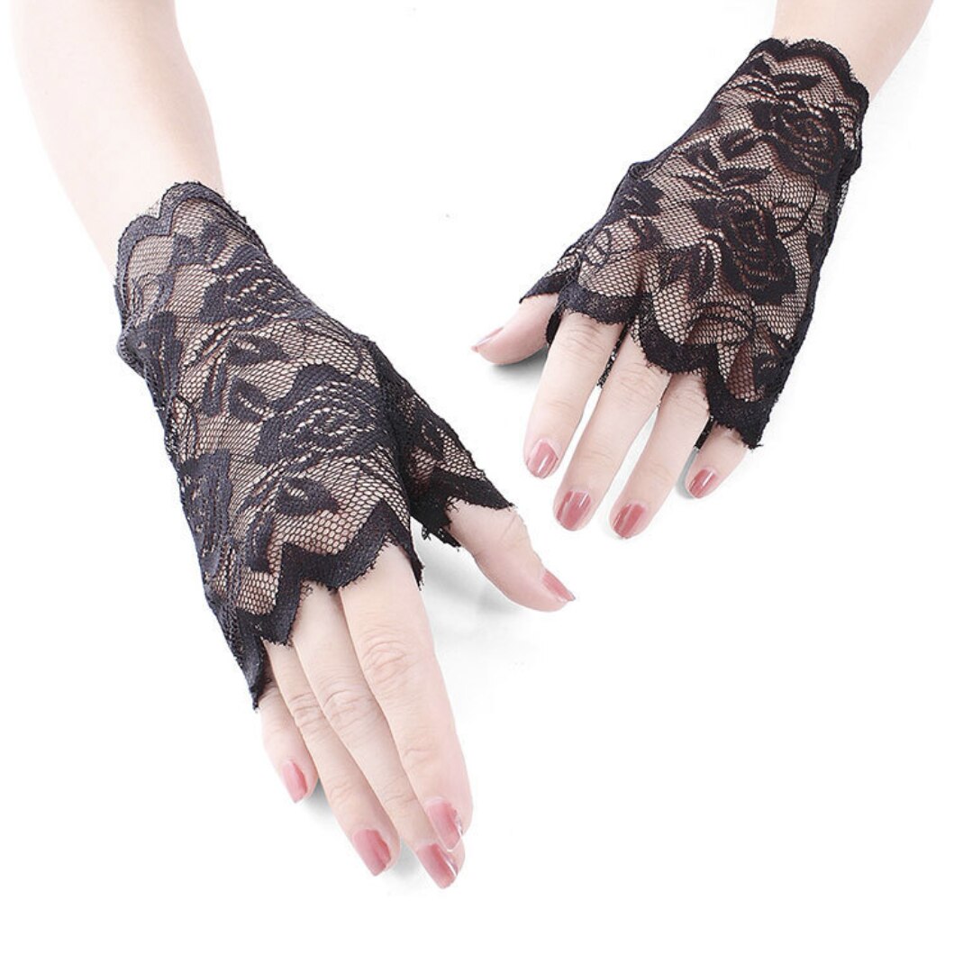 Gants longs Lolita pour femmes, rétro, Steampunk gothique, Corset en dentelle, demi-doigt, ruban en résille: B Black