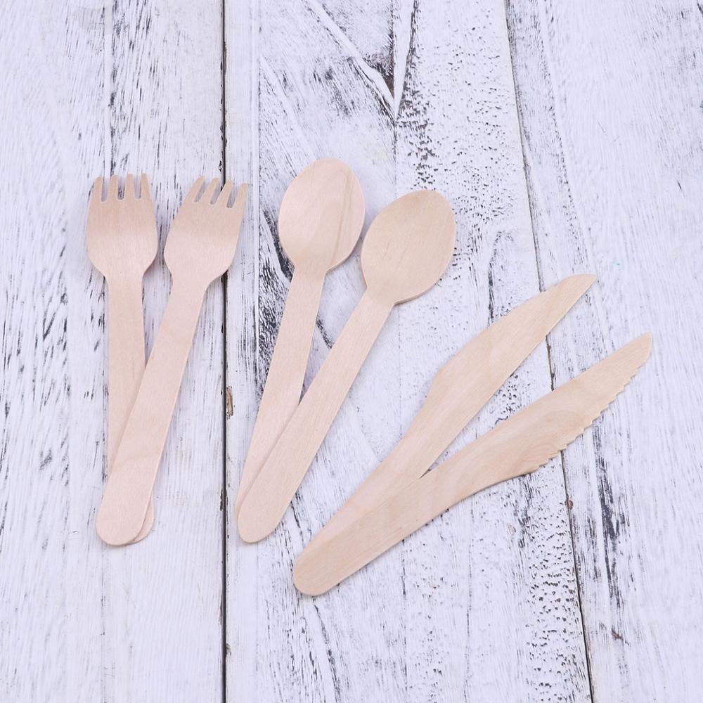 100/150/200 Stuks Houten Vorken Lepels Cutters Wegwerp Houten Bestek Keukengerei Servies Voor Diner Barbecue