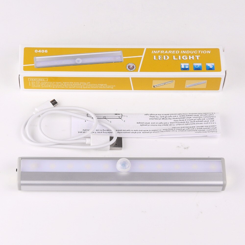 Lightinbox 10LED Usb Nachtlampje Voor Pathway Trap Muur Koelkast Ir Motion Sensor Led Wandlamp Warm/Koel Wit