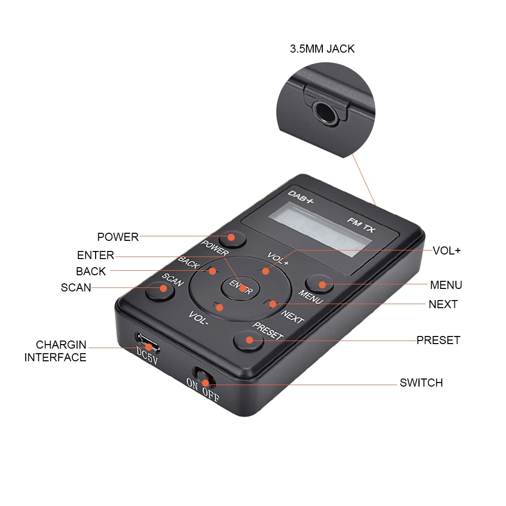 Mini Radio FM DAB + receptor de FM con auriculares, transmisor de DAB-FM portátil, Radio Digital recargable con micro-usb para viajes diarios