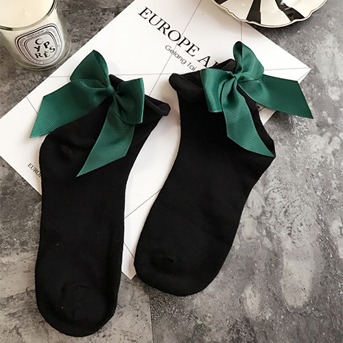 Winter Autumn Spring Sweet Curl Cotton After The Heel Ribbon Big Bow Short Socks Wild Chaussette Female Herring Ankle Socks: Bow Sock black green