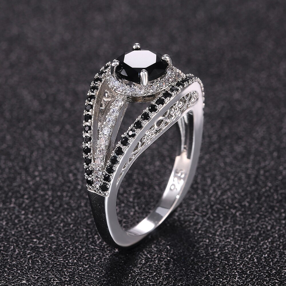 Huitan Vintage Sierlijke Ringen Voor Vrouwen Bloem Patroon Zwart/Witte Steen Wedding Bridal Party Ringen Sieraden Ring