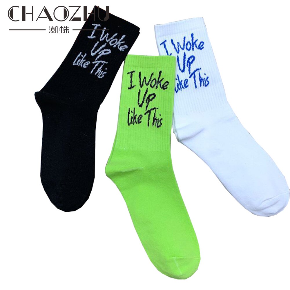 CHAOZHU humor words english white black neon fluorescent green unisex women men street street control I woke up like this socks