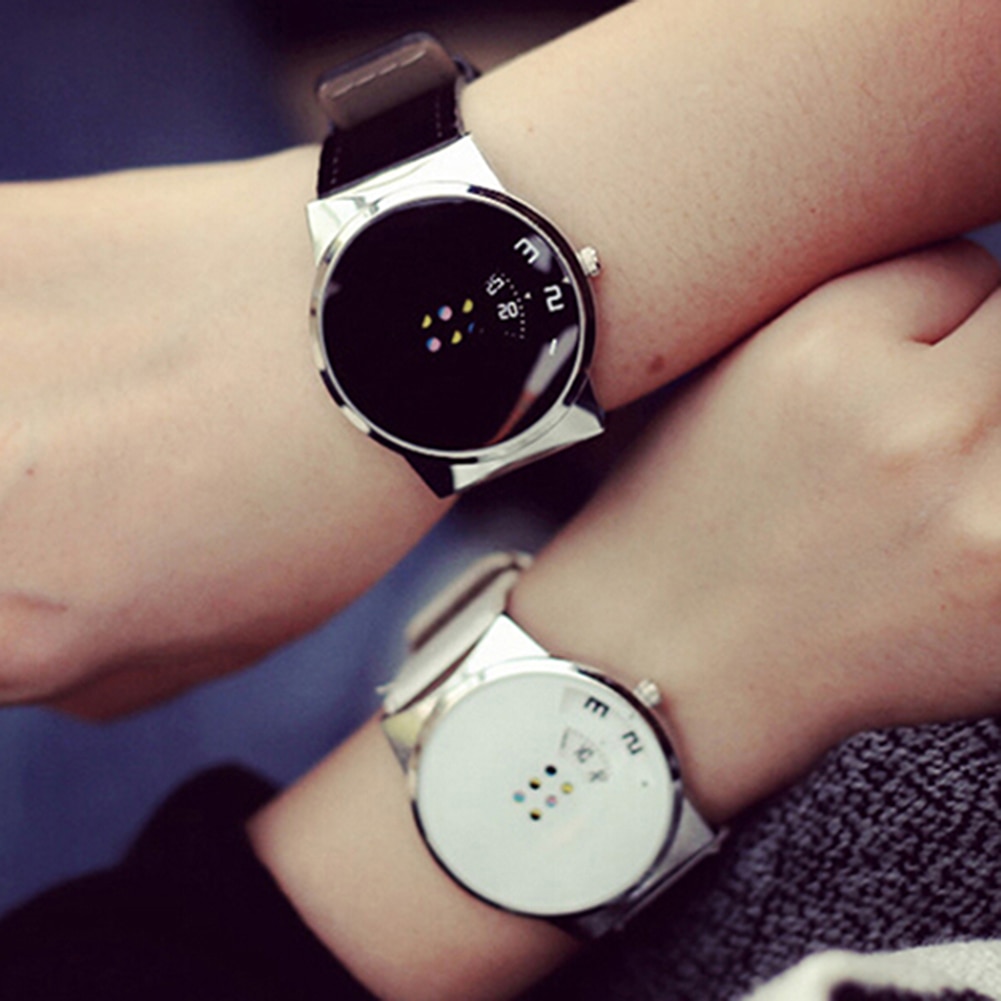 Dames heren paar horloge quartz horloge klok heren leren band kleurrijke beweegbare wijzerplaat eenvoudig polshorloge