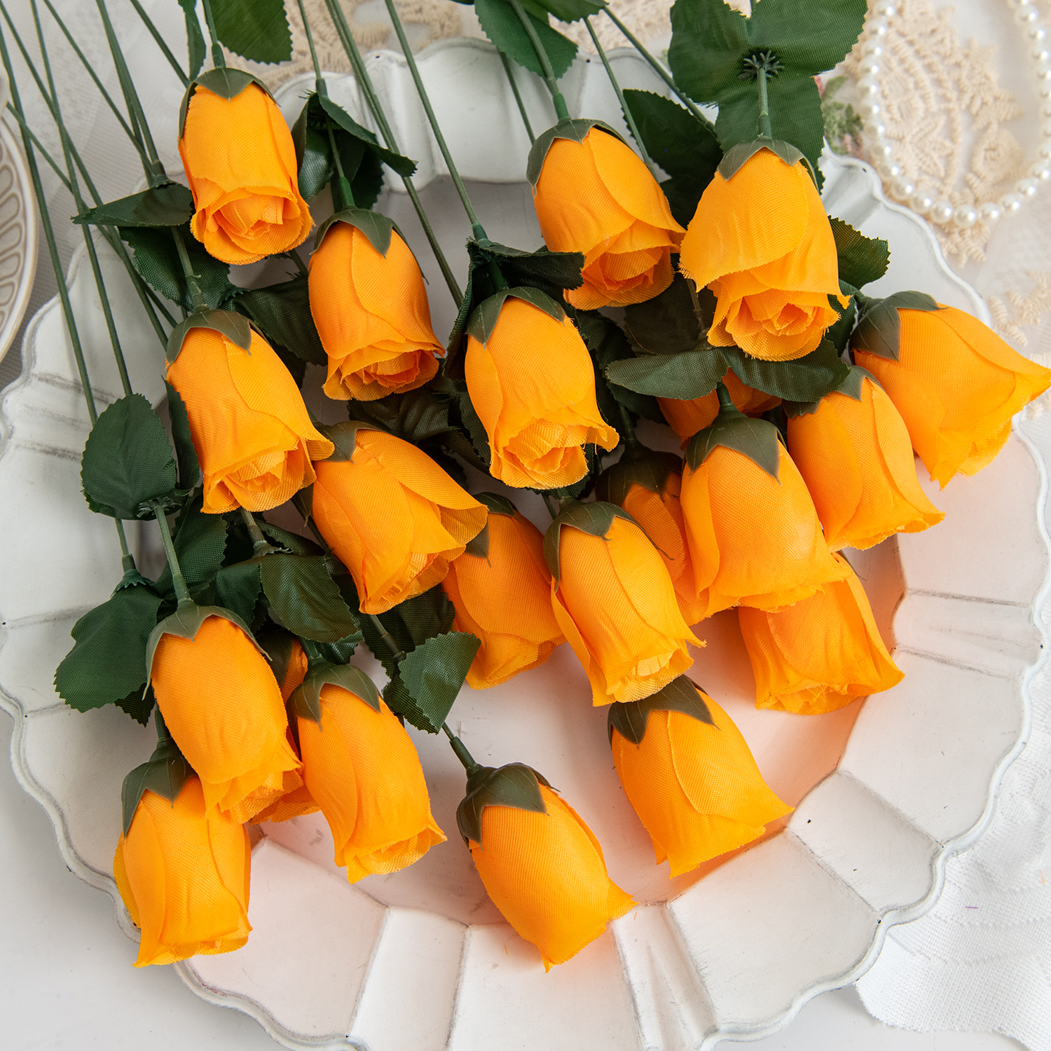 Florero de ramo de rosas rojas para decoración del hogar, coronas decorativas para jardín y boda, arreglo floral hecho a mano, flores artificiales, 10 Uds.: Naranja