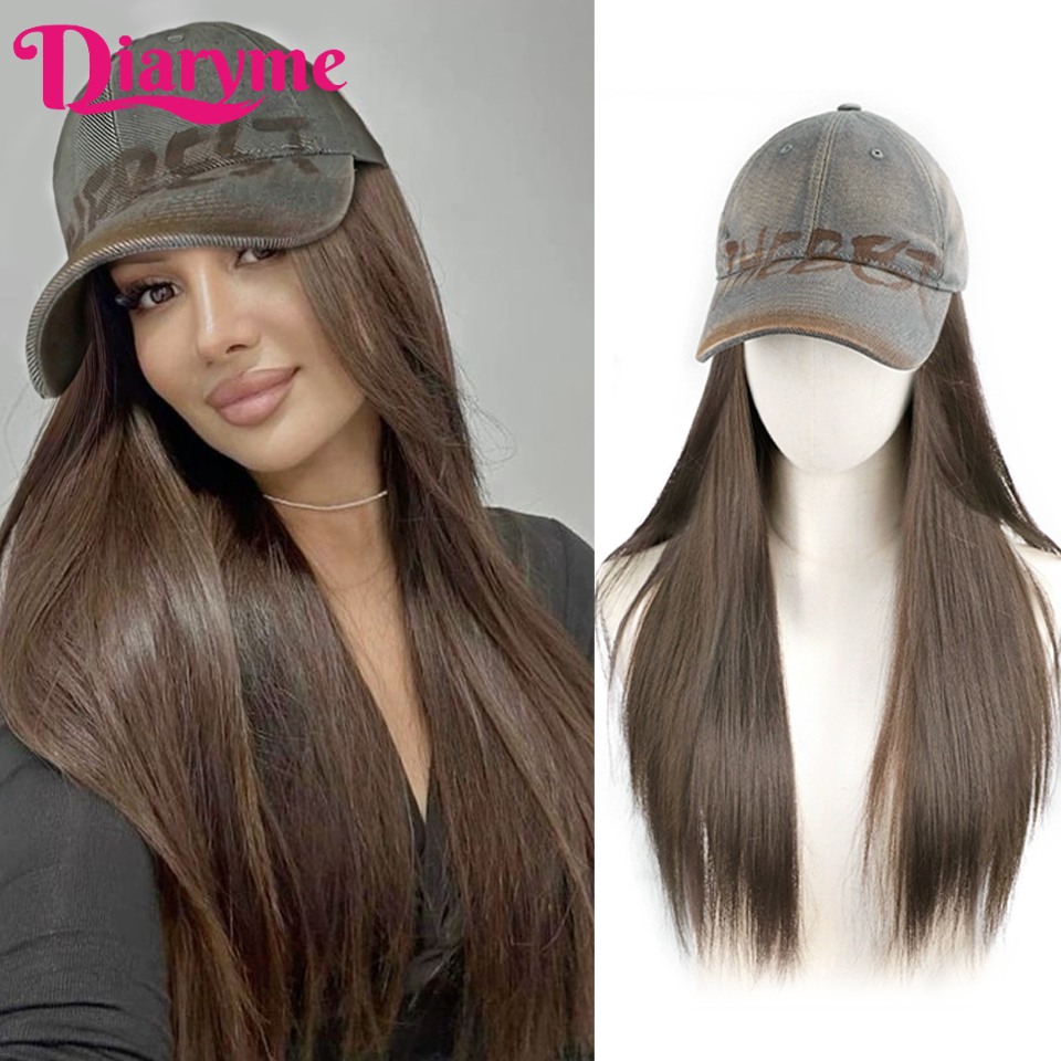 Peluca de sombrero sintético, peluca de pelo largo y liso con gorra de béisbol, gorra ajustable de una sola pieza, gorra de béisbol Retro, conectar pelo recto