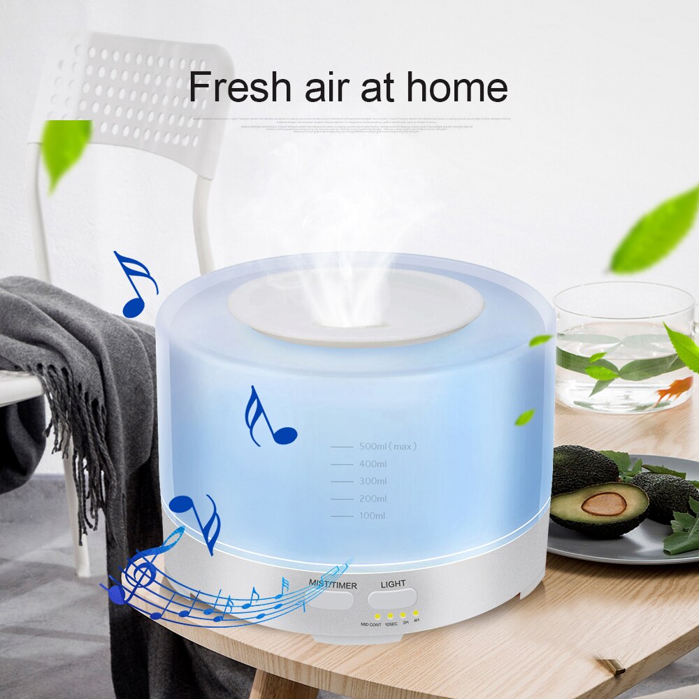 Difusor de Aroma para el hogar, Humidificador ultrasónico con luz LED que cambia de color, música, Bluetooth, 500ML, 12W