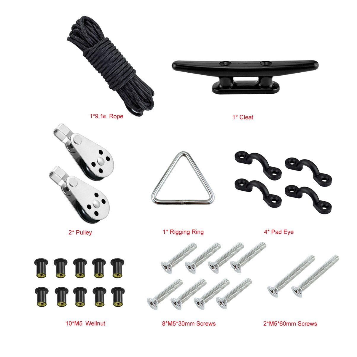 30ft Rope Water Sports Kayak Accessories Canoe Anchor Trolley Kits System Pulleys Cleats Pad Eyes Well Nuts Screws Boats Deck