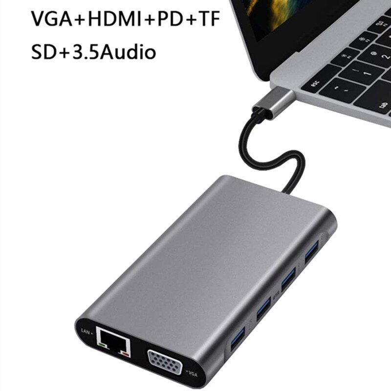 Multifunções 11 em 1 docking station 4k tipo-c hub adaptador usb 3.0 hdmi rj45 vga pd docking station carga rápida para portátil