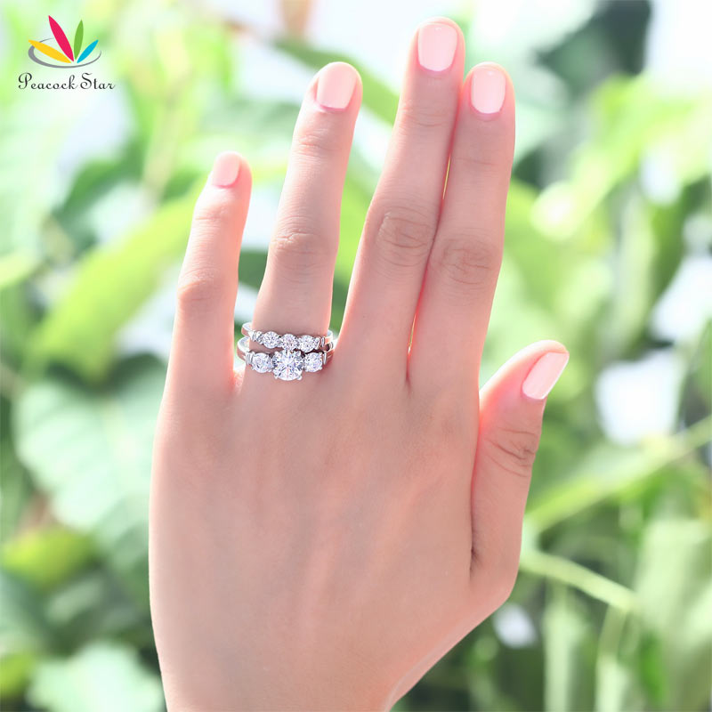 Peacock Star Round Cut 2-Pcs Solid Sterling 925 Silver Promise Engagement Ring Set Wedding Jewelry CFR8066