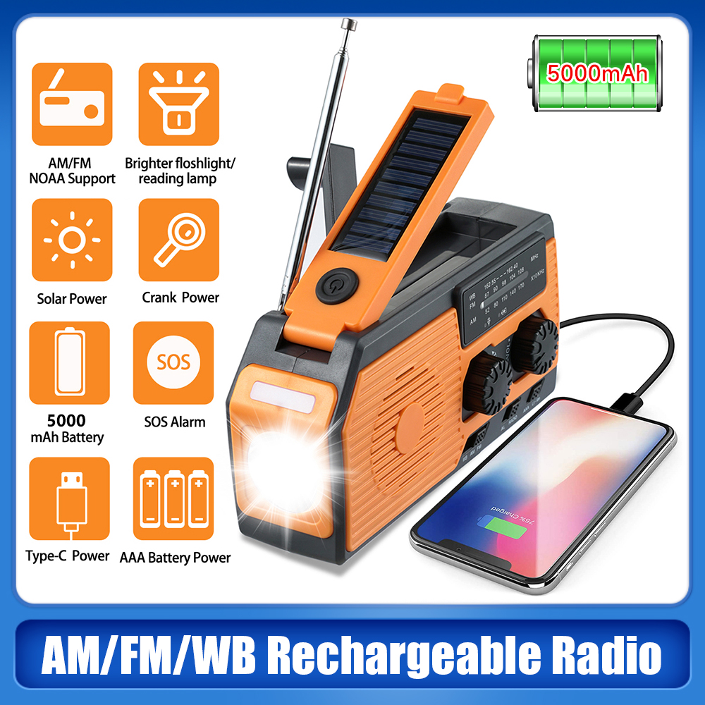AM/FM Solar Radio Hand Crank Radio WB NOAA Emergency Radio with LED Flashlight Power Reading Lamp SOS Alarm Radio