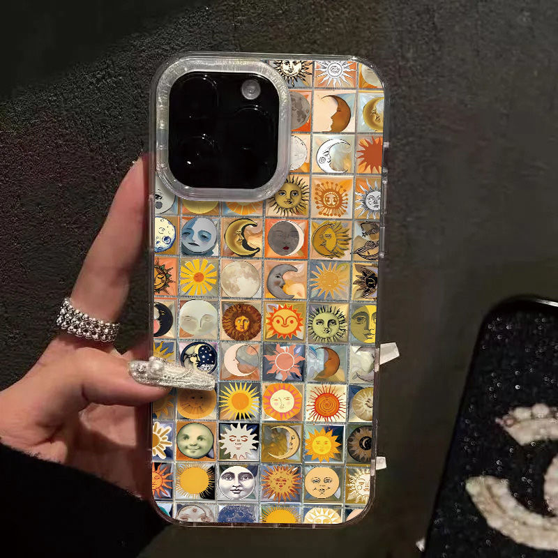Luxury Sun Moon Hard Phone Case for iPhone 13 12 11 16 15 14 ProMax 16Plus X XSMAX XR 7 8 Plus Fun Phone Shell Cartoon Cover Y2k