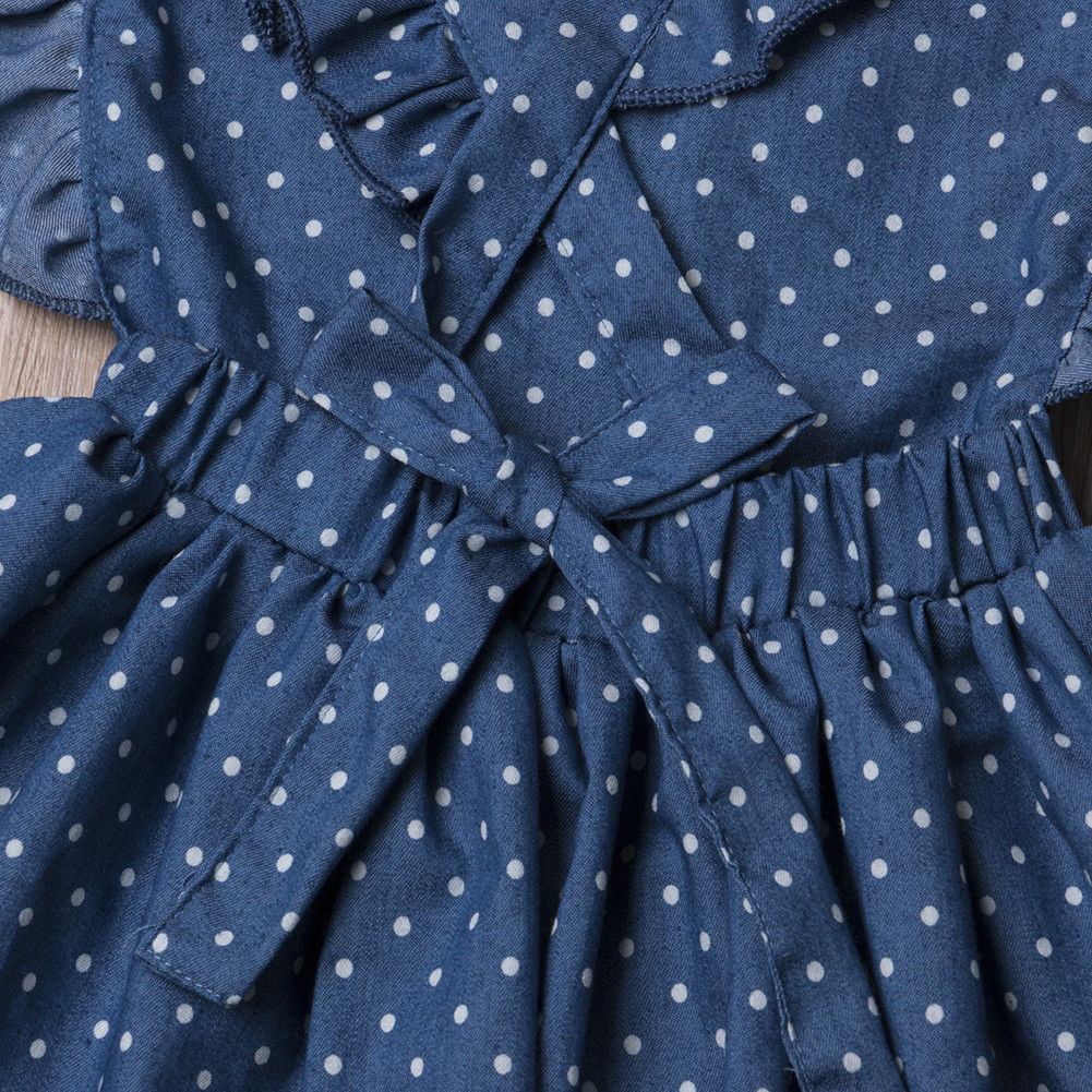 Mærke toddler børn baby piger sommer flæser polka kjole ærmeløs prikblå knælang bælte rygløse sundress 1-6y
