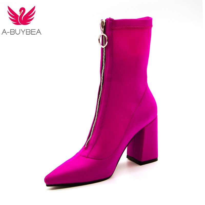 Botas de calcetín de tela elástica con punta en pico para Mujer, botines de tacón alto de aguja con cremallera, Otoño,