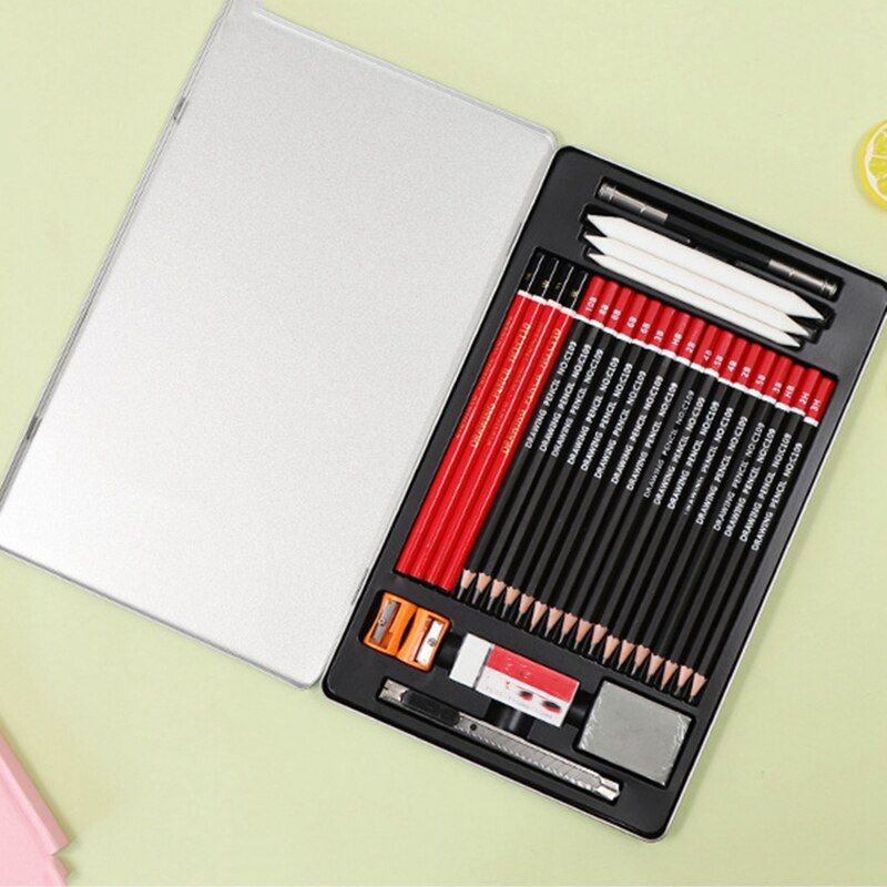 Sketch Pencil Set Sketching Drawing Kit Wood Pencil Pencil Iron Box for Painter Students Art Supplies