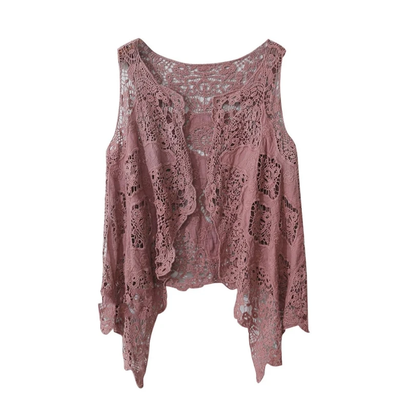 Mulheres sem mangas frente aberta cardigan boho oco crochê renda drape assimétrico bainha hippie xale colete de cor sólida: Hortelã