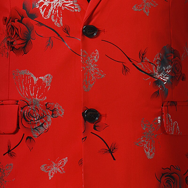 Rosa blomsterprint blazer herremerke enkeltspent jakkeslag dressjakke mannlig bryllup brudgom scenekostyme homme rød xl