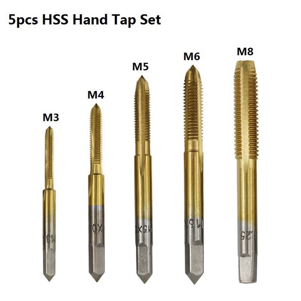 5Pcs M3 M4 M5 M6 M8 Titanium Coated Hand Tap Set Hss Rechte Fluit Draad Tap Rechterhand Schroef schroefdraad Boor Set