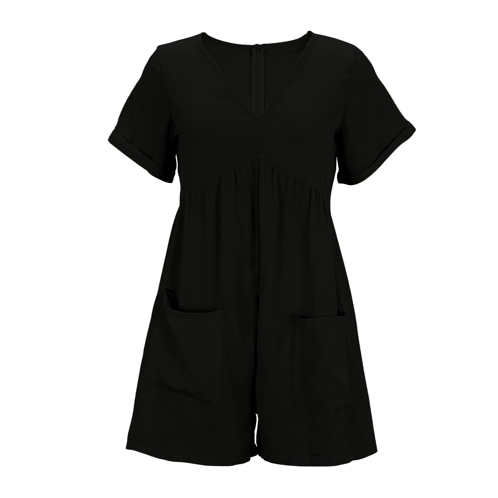 Zomer Playsuits Katoenen Linnen Dames Korte Rompertjes Overalls Effen V-Hals Zak Rug Rits Korte Mouw Jumpsuit Dames