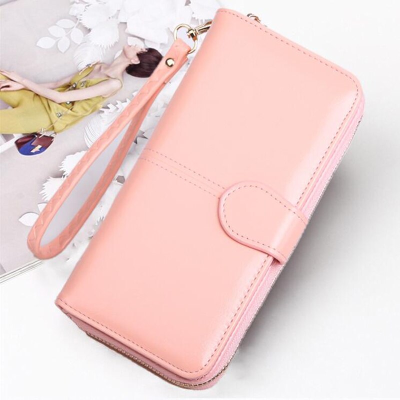 Leather Women Long Zipper Oil Wax Wallet Big Capacity Hasp Zipper Purse Ladies Long Wristlet Clutch Coin Card Holders Portomonee: pink