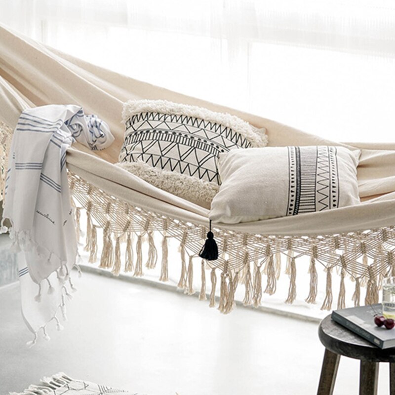 2 person hængekøje boho stor brasiliansk macrame fringe dobbelt deluxe hængekøje gyngestol til ude/indendørs terrasse veranda indretning
