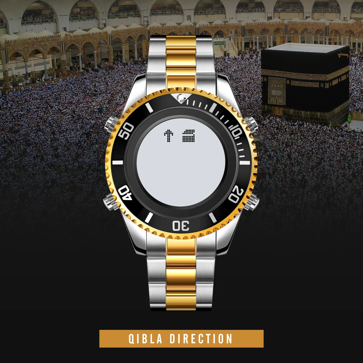 Skmei 2141 digital klocka i rostfritt stål, muslimsk azan, bönekompass, adhan-alarm, hijri, islamisk armbandsur med bakgrundsbelysning