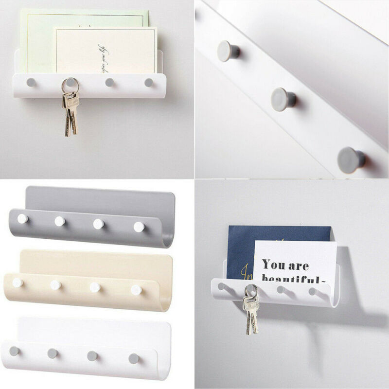 Colgador de pared sin agujeros, 4 ganchos, soporte de almacenamiento adhesivo sin clavos, colgador de llaves, organizador de correos, caja de letras, puerta de correo
