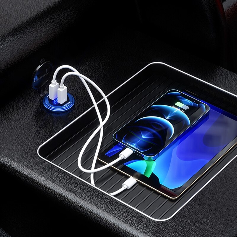 12v-24v dual 45w type c usb c pd fast car phone charger with led voltmeter switch for mobile phone, tablet, laptop