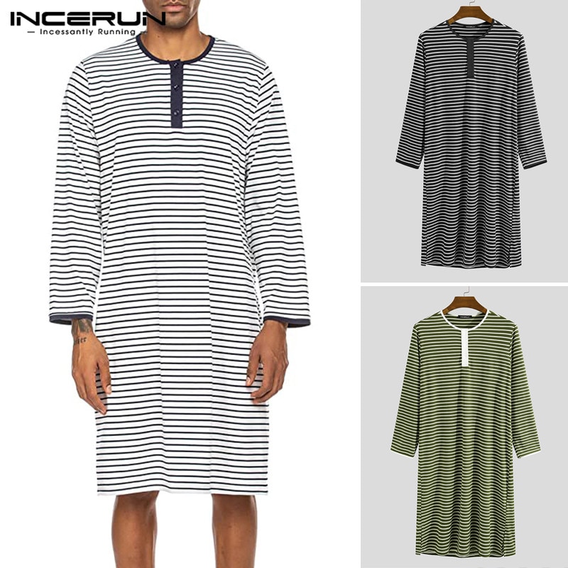 Incerun herre stripete sovetopper lange ermer pustende uformelt rundhals koselig morgenkåpe løst natttøy herre loungewear s -5xl