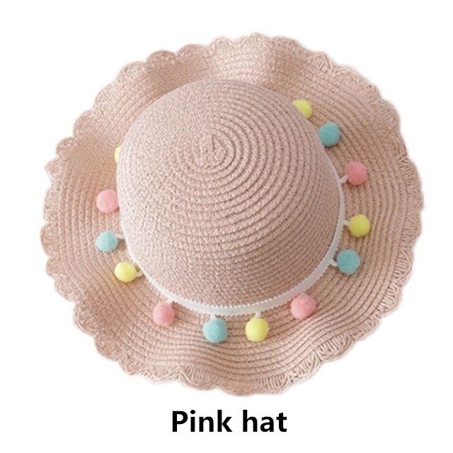 Zomer Reis Stro Hoed Voor Meisjes Prinses Kids Kind Geweven Rand Bloemen Zonnehoed En Tas Sets Voor Outdoor: Hat  Pink