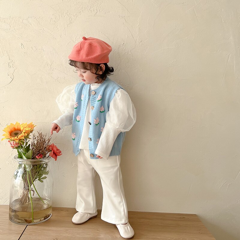 2022 Spring Baby Girl Knit Vest Flower Embroidery Girls Knit Vest Kids Girl Sleeveless Sweater Knitted Cardigan Jacket