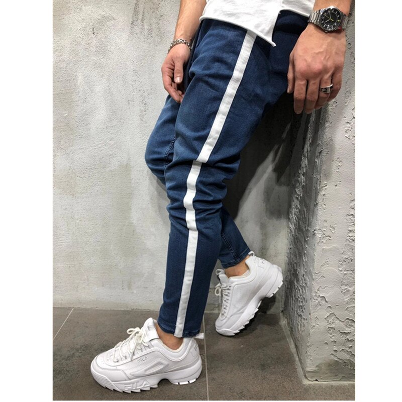 Mens Side Stripe Skinny Black Denim Jeans Hip Hop Streetwear Plus Size Slim Cotton Jeans Men Elasticity Skinny Jeans: BLUE / M