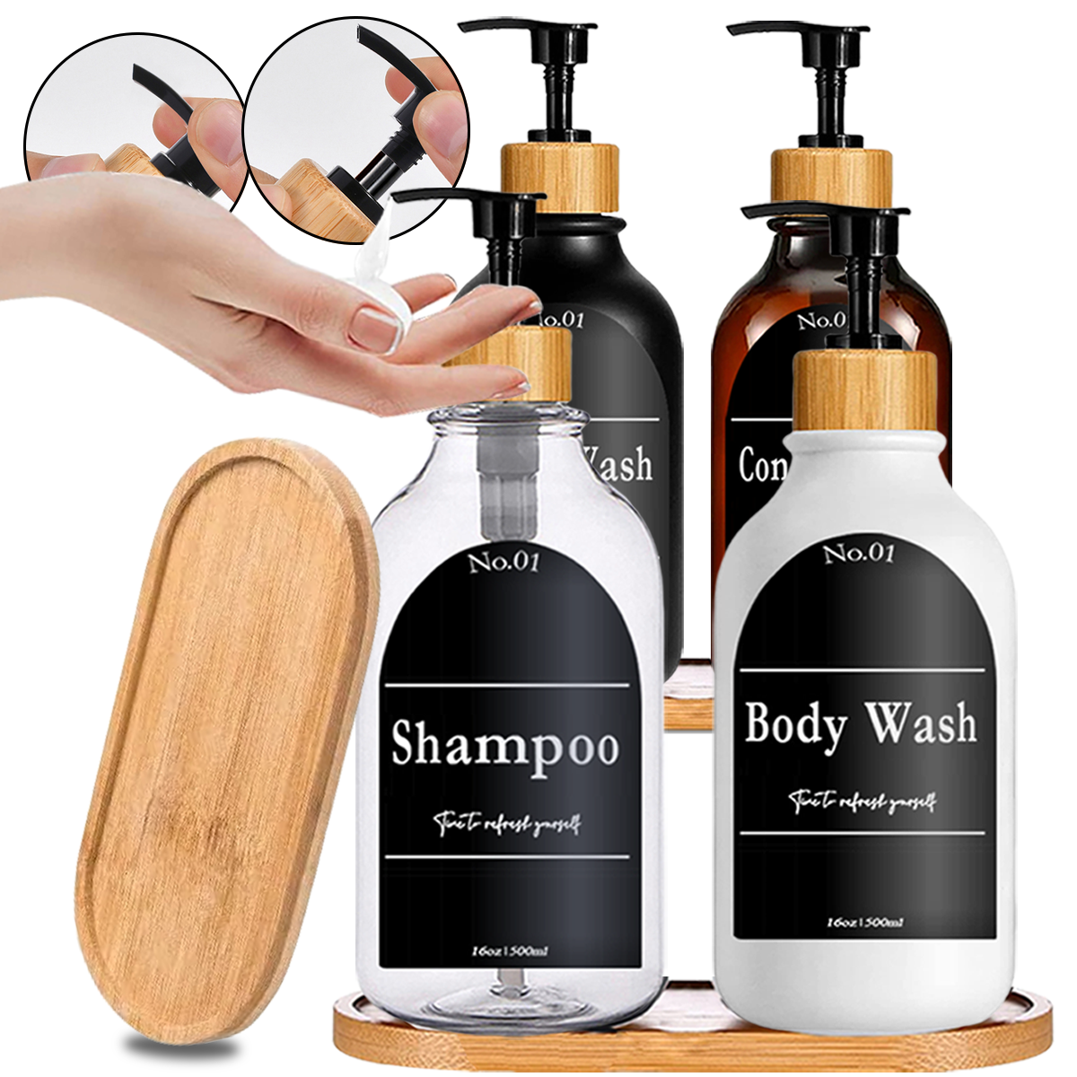 Dispensador de jabón con bandeja de bambú para cocina, baño, decoración de fregadero, botella de jabón para champú, acondicionador, lavado de cuerpo, dispensador de lavado de manos